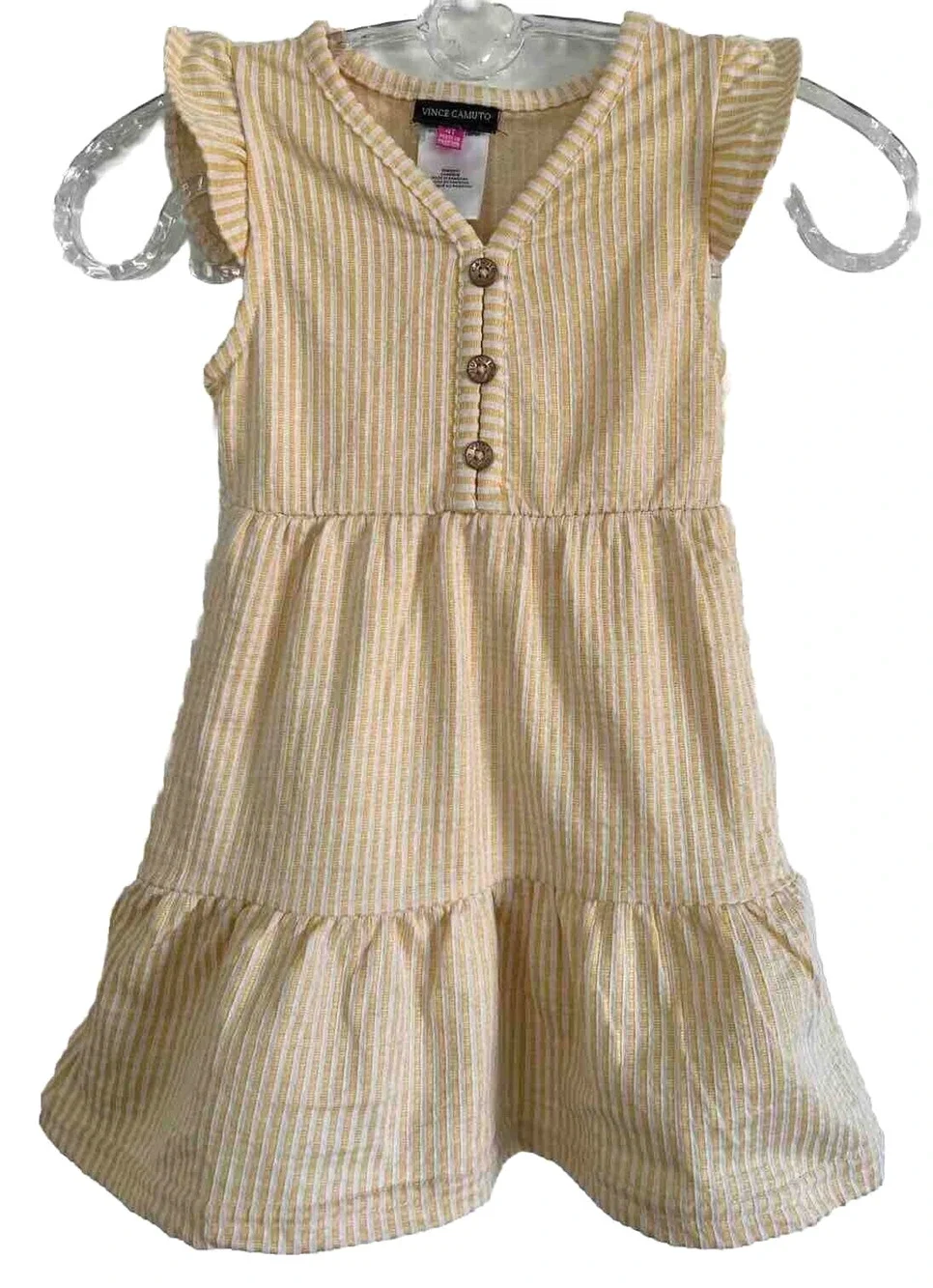 Vince Camuto Yellow Dress Girl Size 4T Stripes Copper Buttons Ruffles